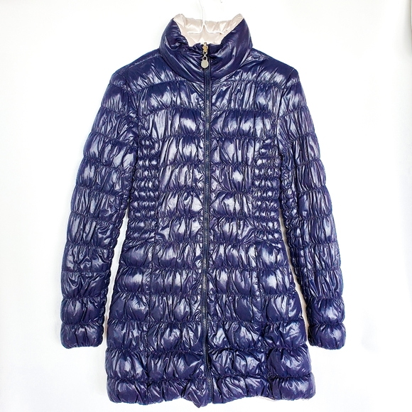 Reversible Laundry by Shelli Segal Navy Blue/White Silver Puffer Jacket - Picture 2 of 12